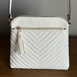 White Chevron Quilted Medium Crossbody Bag with Tassel Accent